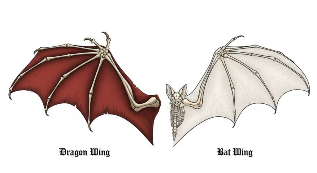 Detailed anatomical diagram showing dragon wing structure compared to bat wing bones and membrane for drawing reference