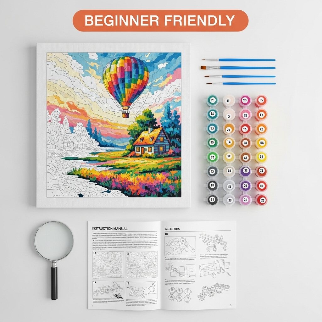 Easy paint by numbers kits for adults beginners showing complete supplies and step-by-step guide