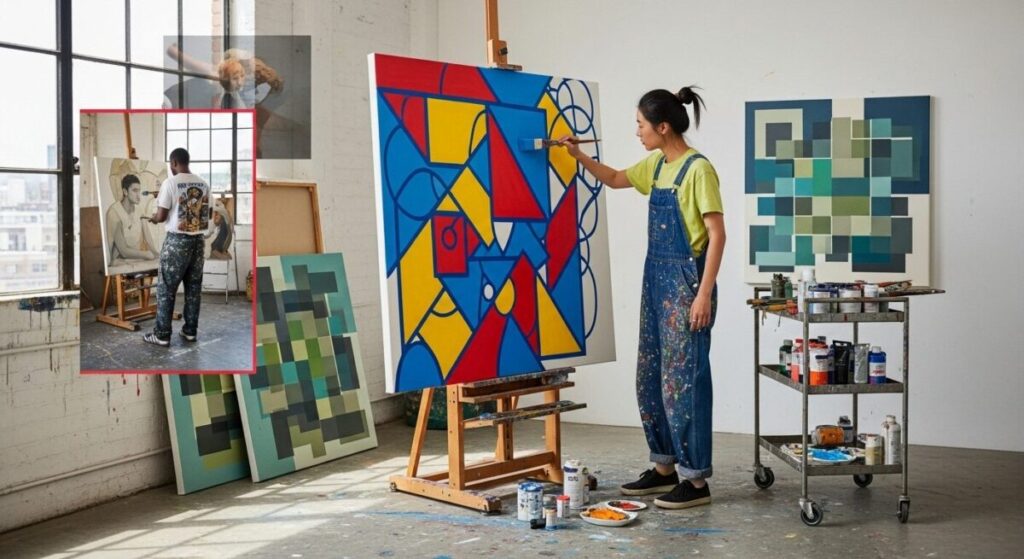 Emerging Artists 2025: Collage of emerging artists working in their studios with colorful abstract paintings and contemporary artworks