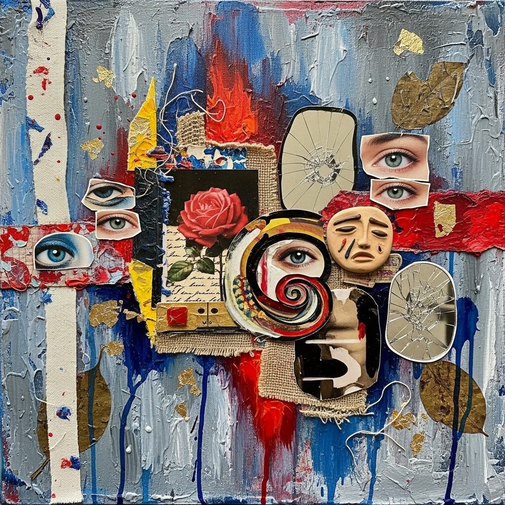 The Grounding Nature of Tactile Arts: Sculpting and Clay Work for Mental Wellness 6 Mixed-media collage with varied textures and elements, demonstrating narrative art and emotional expression in therapy.