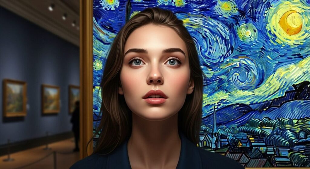 A woman deeply moved by Vincent van Gogh's painting, "The Starry Night," symbolizing the emotional power of great art.