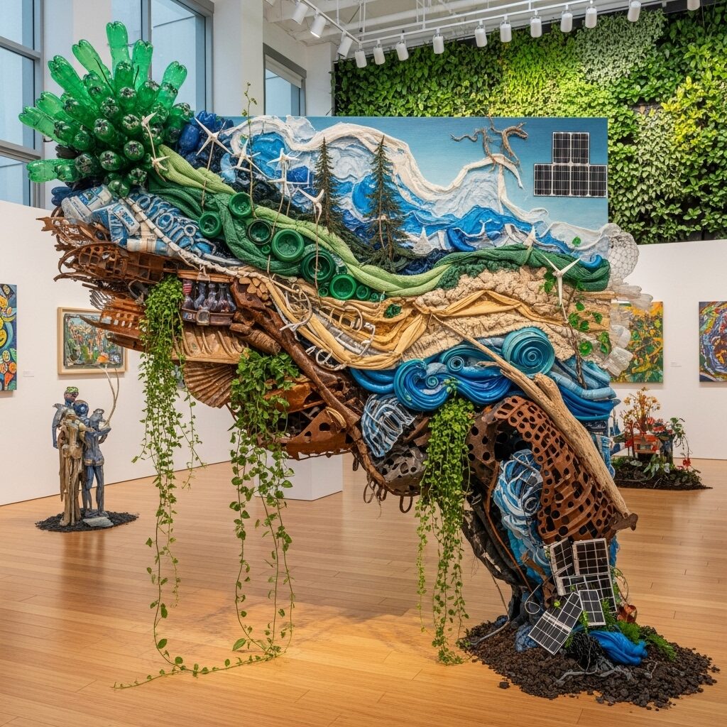 Artwork made from recycled materials with natural earth tones and environmental themes