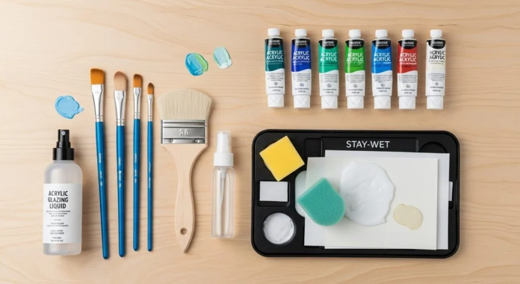 A flat lay of essential tools for blending acrylic paint, including soft brushes, a spray bottle, acrylic paints, and a stay-wet palette.