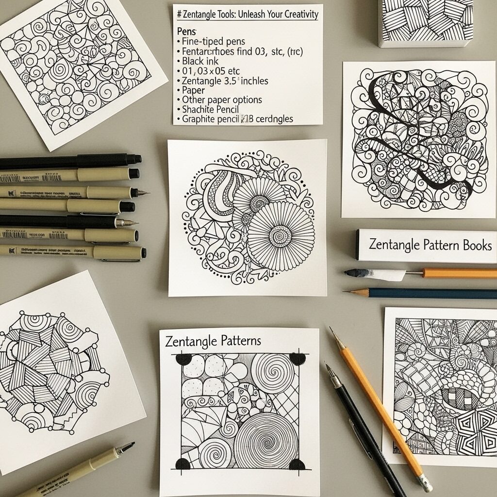 A flat lay of basic Zentangle supplies, including fine-tipped pens, a paper tile, a blending tool, and a book of patterns.
