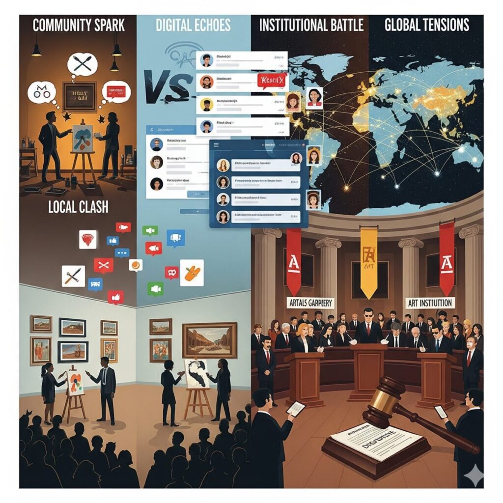 A visual representation of how artistic rivalries have evolved, showing a progression from two artists in a studio to an institutional conflict, with elements of a global map and social media platforms integrated into the scene.