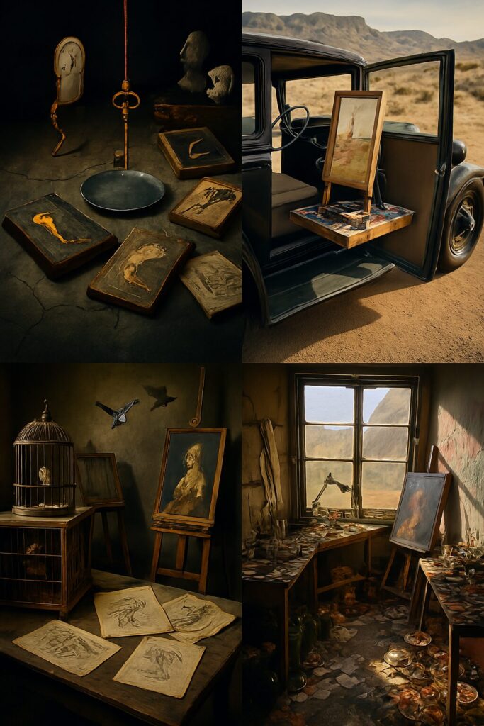 Famous Painting Secrets: Hidden Stories Behind History's Greatest Masterpieces 8 Collage showing eccentric artist workspaces including Salvador Dali's dream setup and Georgia O'Keeffe's mobile car studio
