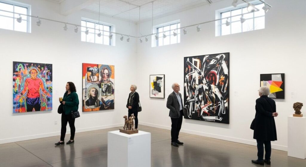 Contemporary art exhibition featuring bold colorful paintings by female artists with diverse styles and themes