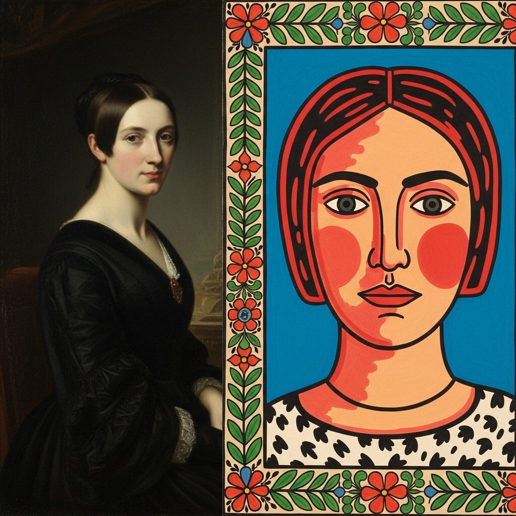 A split image comparing a realistic fine art portrait with a colorful and naive folk art portrait.