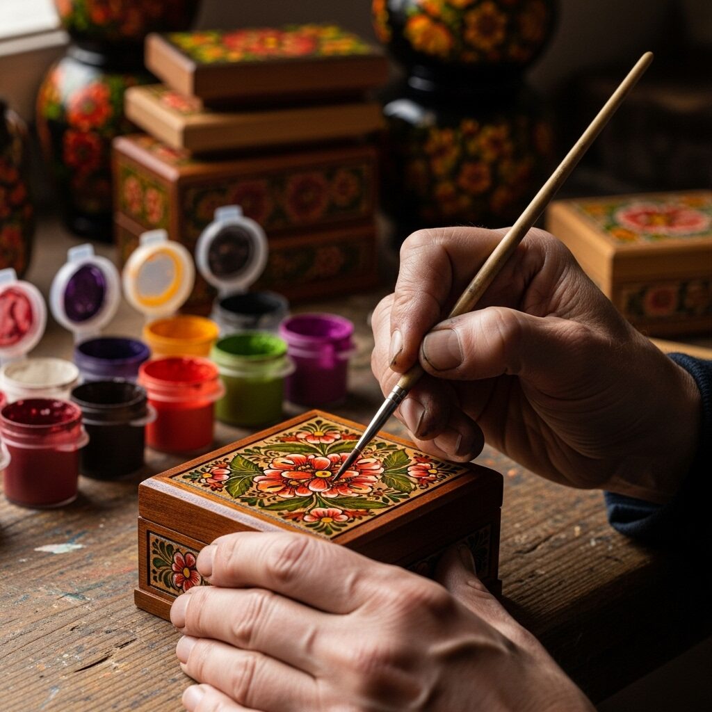The hands of a folk artist carefully painting a traditional design onto a wooden object.