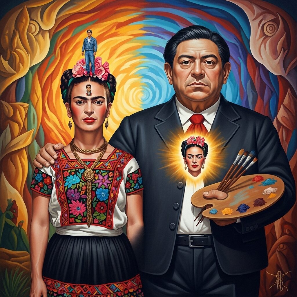 A symbolic depiction of the complex relationship between artists Frida Kahlo and Diego Rivera, showing their mutual influence on each other's art.