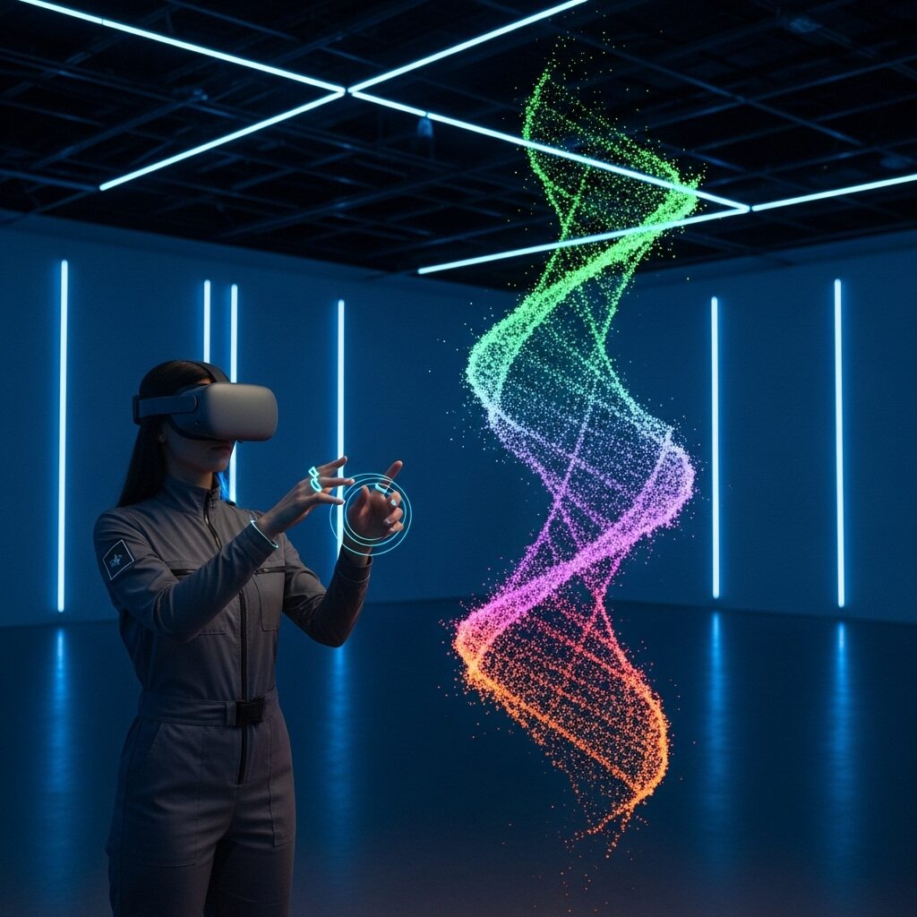 A person using a VR headset to interact with a digital sculpture in a futuristic art gallery.