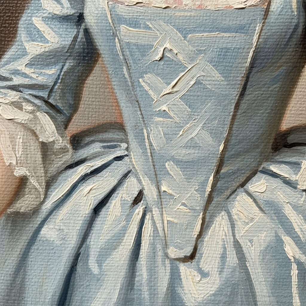 A close-up, high-detail shot of a Thomas Gainsborough oil painting showing his unique feathery brushwork on the fabric of a dress.
