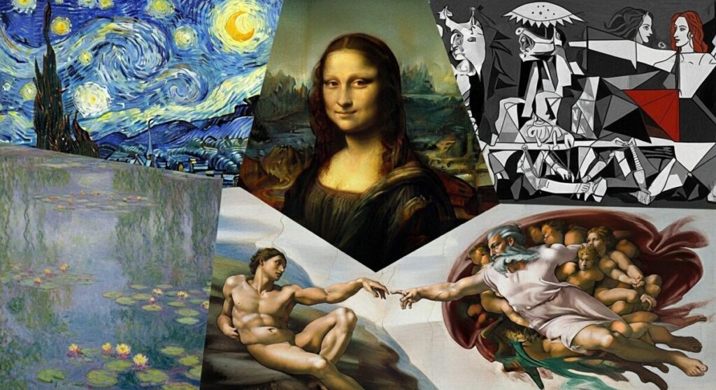 A collage of famous paintings showing art history's top contenders for 'greatest painter ever,' including the Mona Lisa, The Starry Night, a Cubist portrait by Picasso, and a detail of the Sistine Chapel ceiling.
