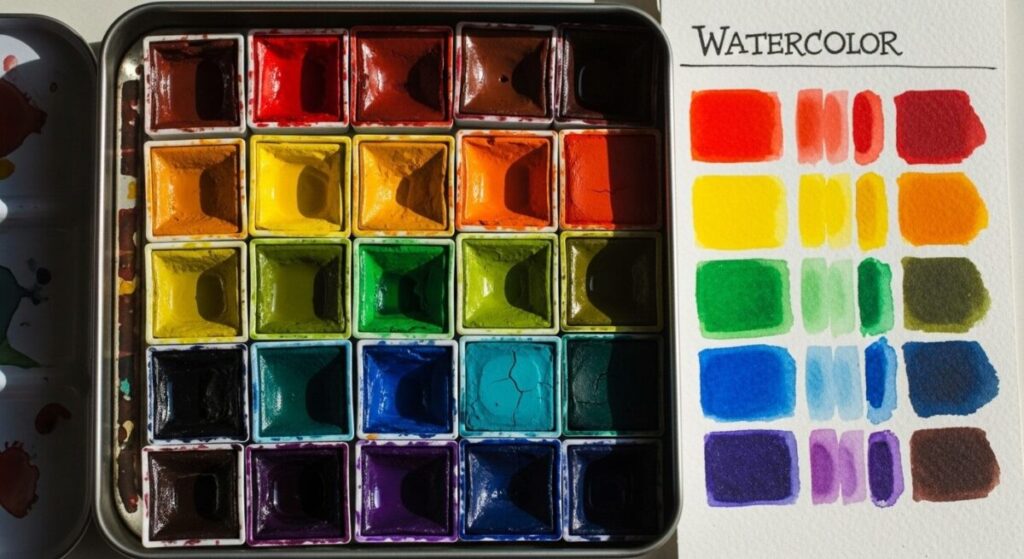 The Alchemist's Kitchen: How to Make Watercolor Paint from Scratch 6 A set of freshly made, homemade watercolor paint pans in various vibrant colors, drying in a palette.
