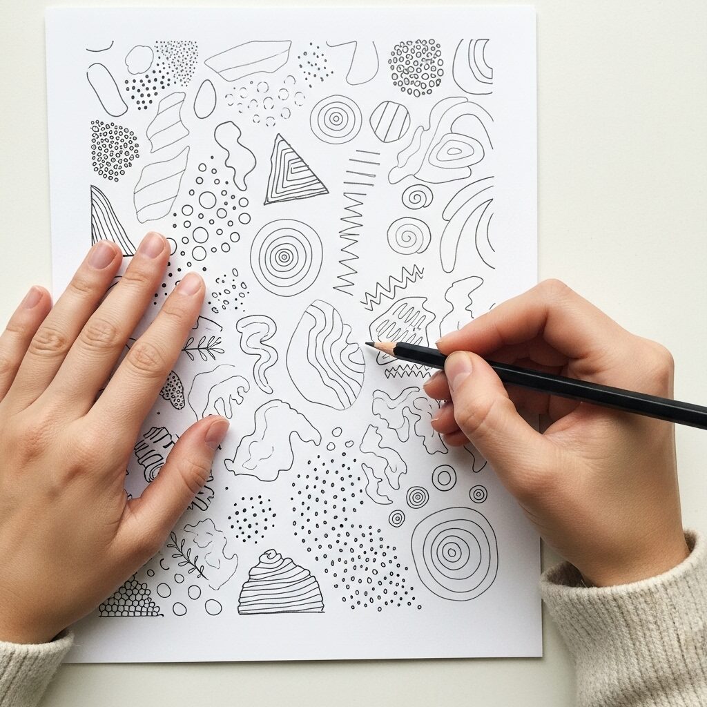Mindful Art Forms for Stress Relief: Evidence-Based Techniques for Relaxation and Well-being 4 Close-up of hands creating simple doodle patterns with pencil on white paper for stress relief