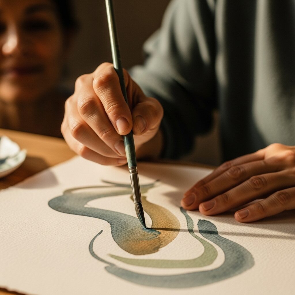 Zen Watercolor Art: A Complete Guide to Mindful Painting Techniques 6 Hands holding watercolor brush while painting mindfully, demonstrating zen watercolor meditation practice