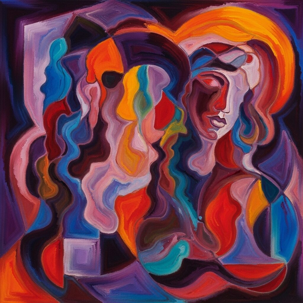 Abstract painting by Hettie Inniss with bold colors and geometric shapes blending together in an emotional composition