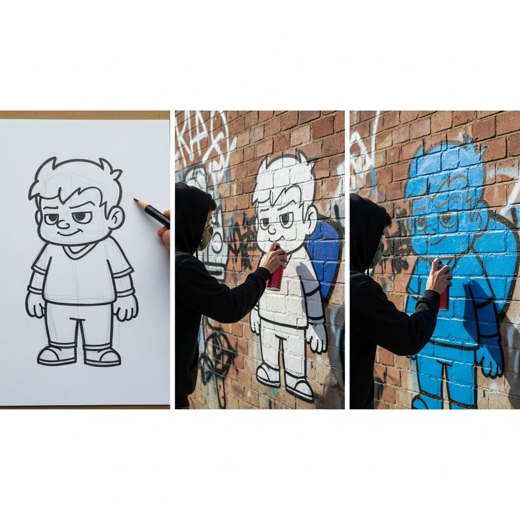 A three-panel image showing the steps of creating a graffiti character: sketching, outlining, and filling in with spray paint.