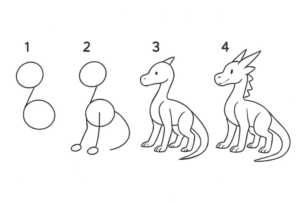 by-step illustration showing progression from basic circles and lines to dragon framework structure