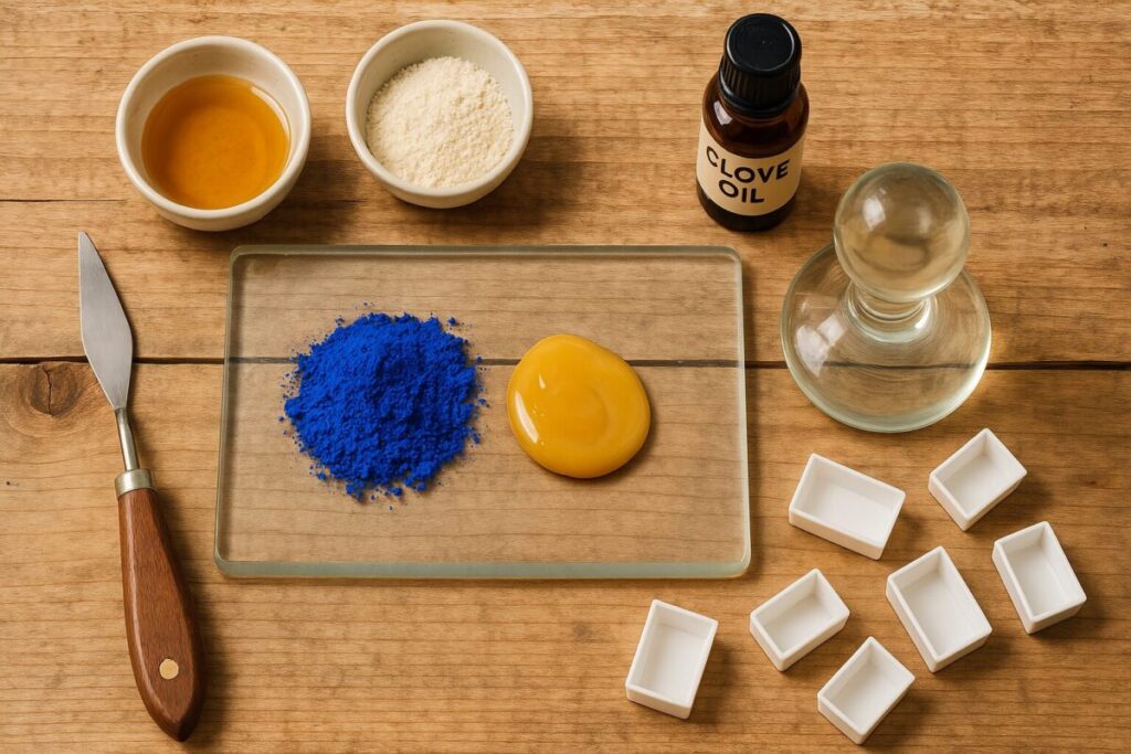 The Alchemist's Kitchen: How to Make Watercolor Paint from Scratch 3 Ingredients and tools for making homemade watercolor paint, including pigment, gum arabic, a glass muller, and a slab.