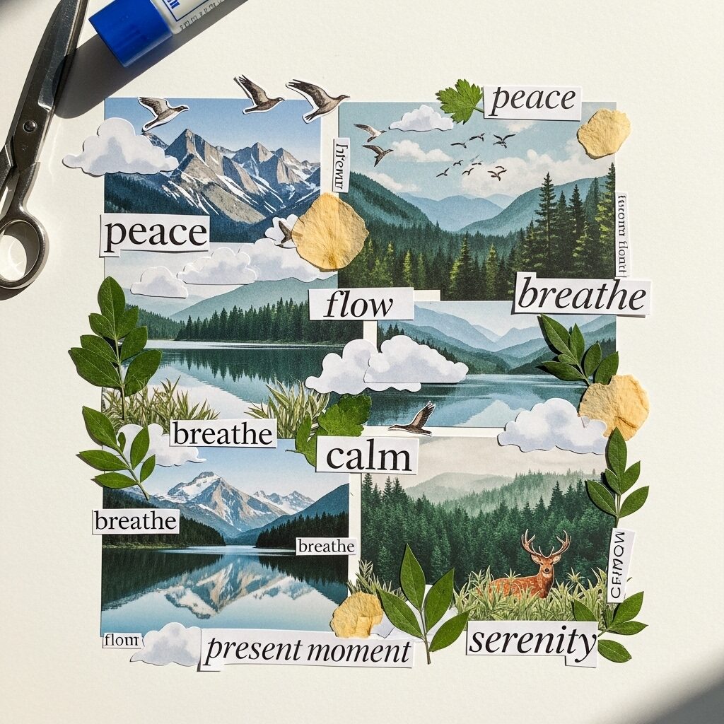 Intention-based art collage featuring peaceful nature images, calming colors and inspirational words