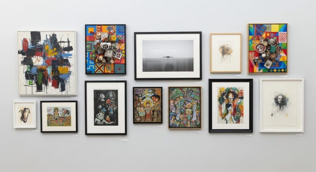 Gallery wall showing diverse artworks by international emerging artists including African and South American contemporary pieces