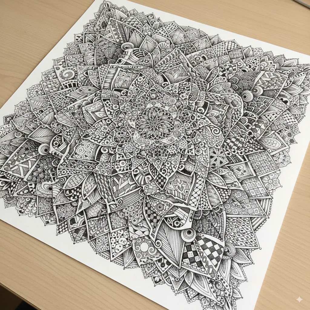 A detailed Zentangle drawing filled with various complex patterns that combine to form a single, mesmerizing piece of art.