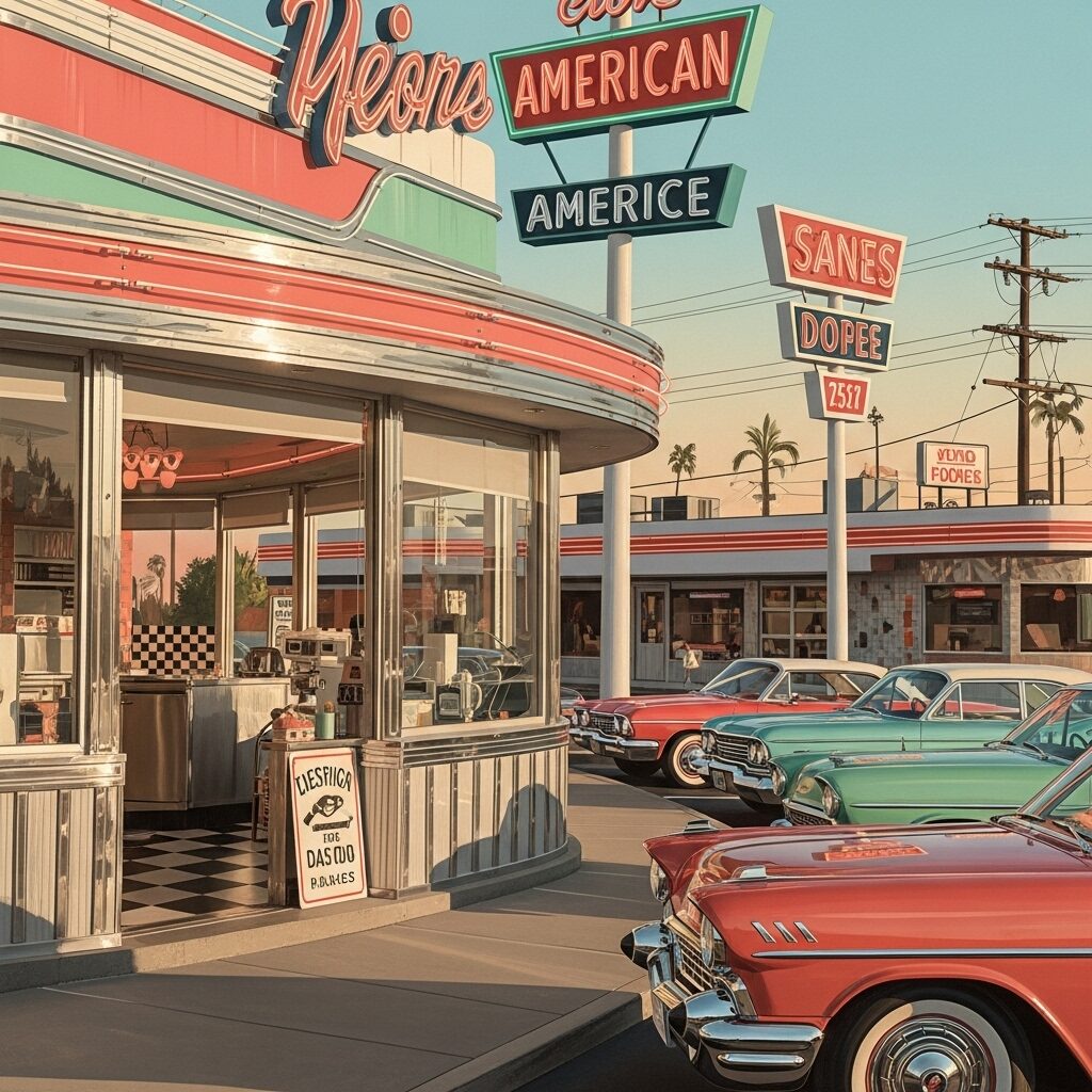 Jessica Brilli painting featuring a vintage 1960s diner with classic cars and mid-century modern design elements