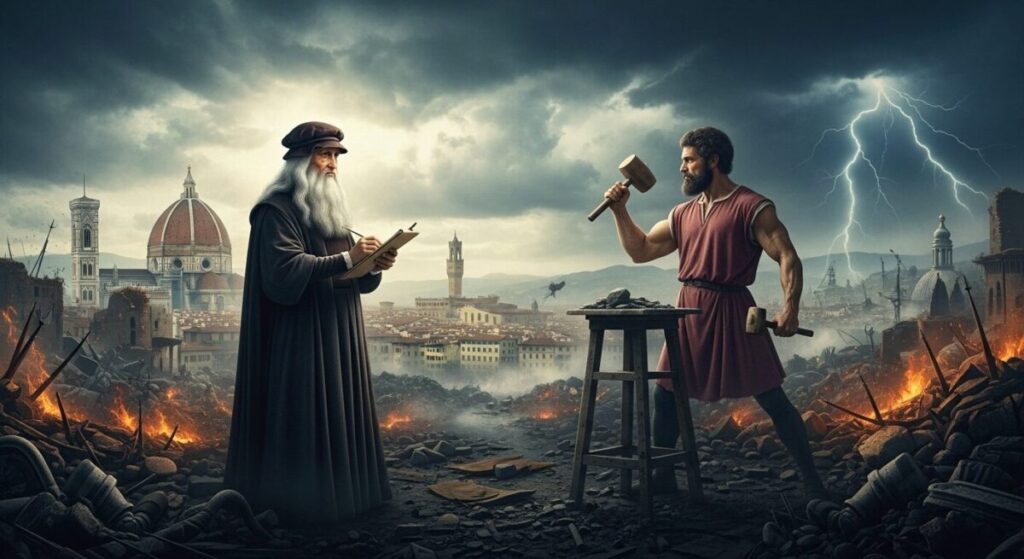 Digital art depicting the historic rivalry between Leonardo da Vinci and Michelangelo, showing them with their respective tools on a metaphorical battlefield.