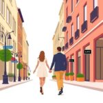 lovers hand in hand walking down street flat vector minimal details solid colors white backgroun