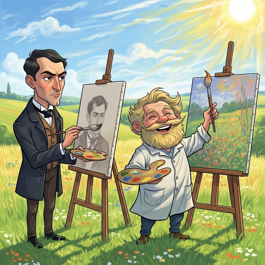 A cartoon illustration of the contrasting styles of Édouard Manet and Claude Monet, with one painting realistically and the other with loose, Impressionist brushstrokes.