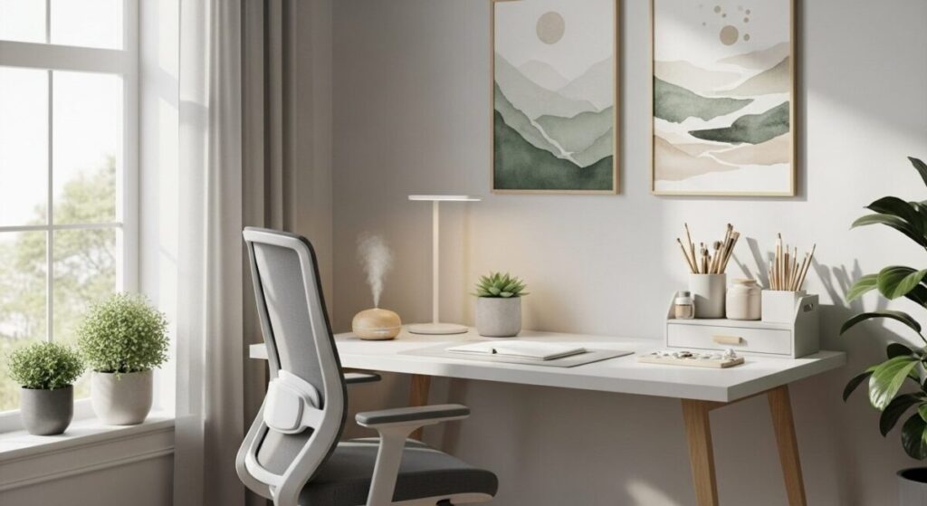 Peaceful art studio with natural lighting, organized supplies, plants and calming decor for mindful painting practice