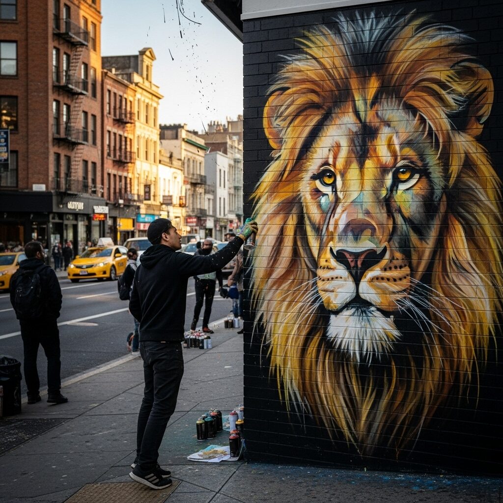 A street artist painting a powerful mural of a lion, demonstrating how modern art brings its message directly to the public in a contemporary setting.