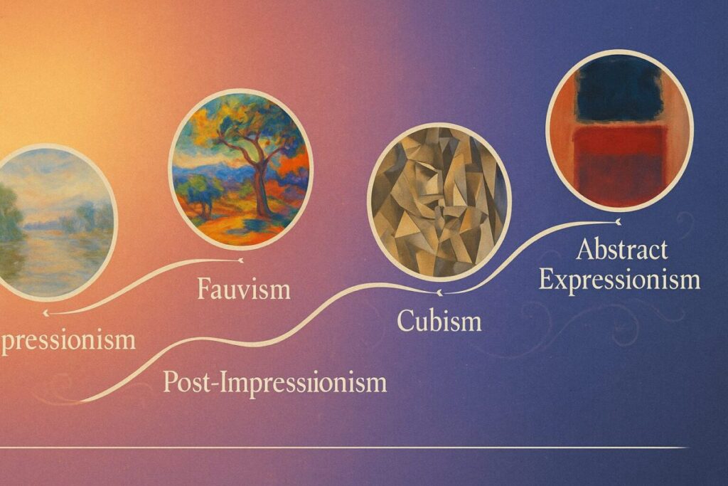 Modern art styles explained through visual timeline showing evolution from Impressionism to Cubism to Abstract Expressionism painting techniques