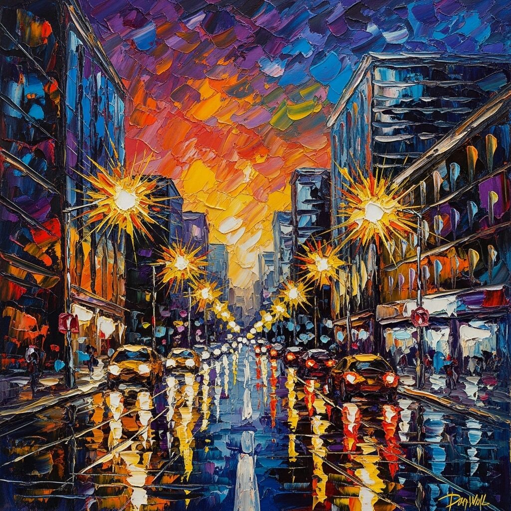 8 Modern Impressionist Artists You Need to Know 4 A modern impressionist oil painting of a cityscape at dusk, featuring heavy textures and vibrant, intense colors applied with a palette knife in the style of Daniel Wall.