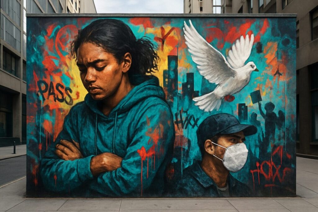 Modern street art mural on urban wall, depicting socially conscious theme with intricate details and blend of graffiti and fine art techniques.