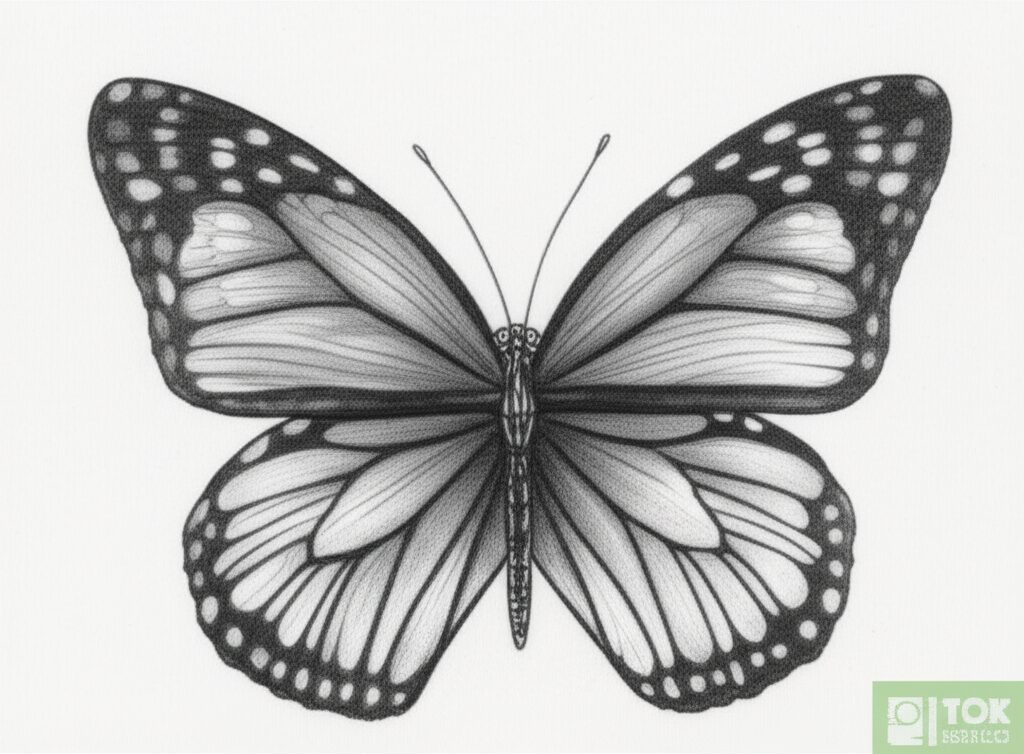 Realistic graphite pencil butterfly drawing with soft shading and intricate wing patterns.