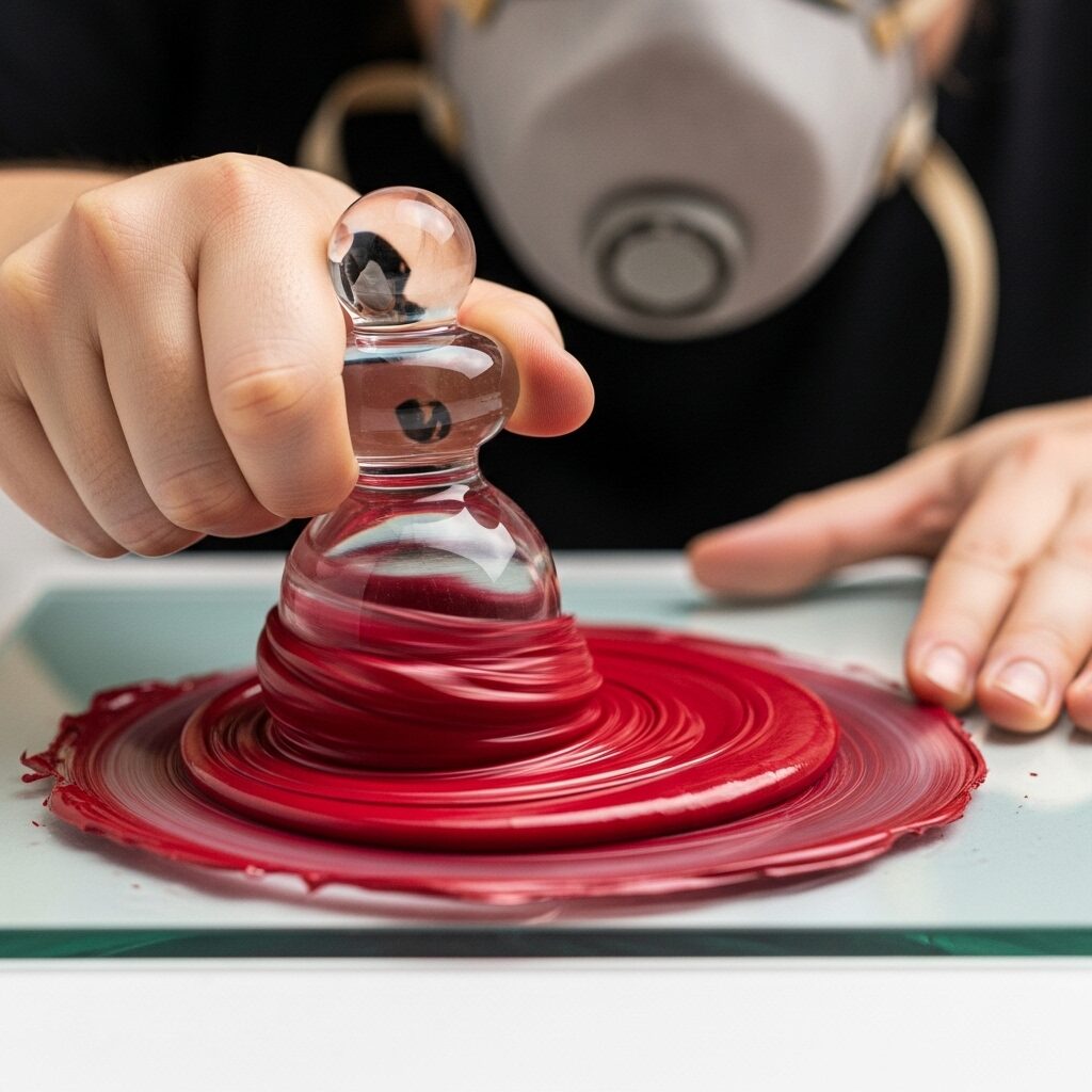 The Alchemist's Kitchen: How to Make Watercolor Paint from Scratch 4 How to Make Watercolor Paint: A person mulling red pigment and binder with a glass muller to make homemade watercolor paint.