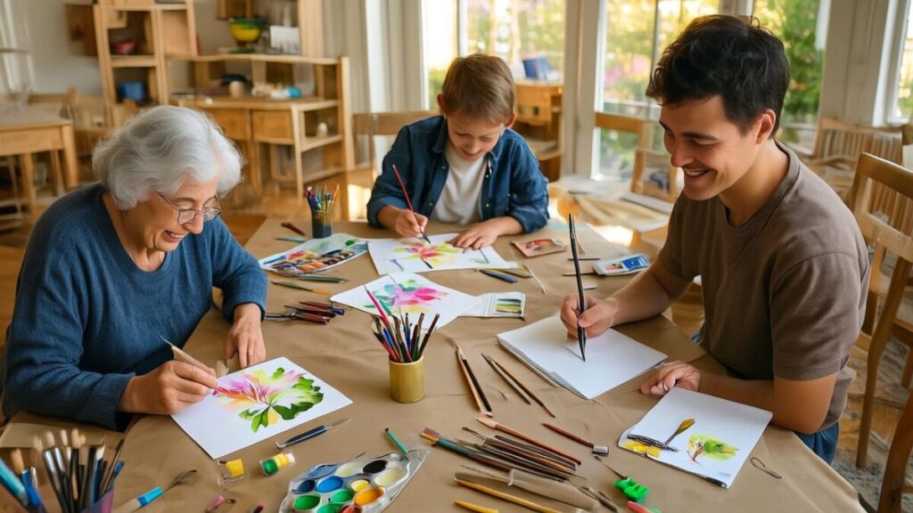 Grandparents, parents, and children creating art together, showing art therapy benefits across all age groups