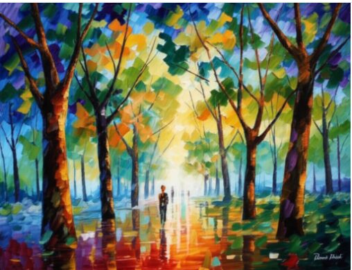 8 Modern Impressionist Artists You Need to Know 3 Modern impressionist painting in Paul Verdell's style, showing an abstract landscape with melting vibrant colors and energetic brushstrokes.