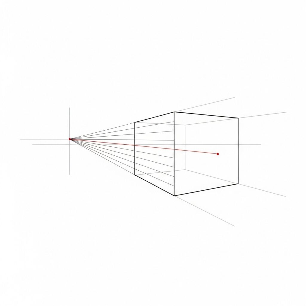 Mastering Perspective: A Beginner's Guide with a Fun Web Tool 4 Mastering Perspective: A line drawing of a cube in one-point perspective with a single vanishing point on the horizon line.