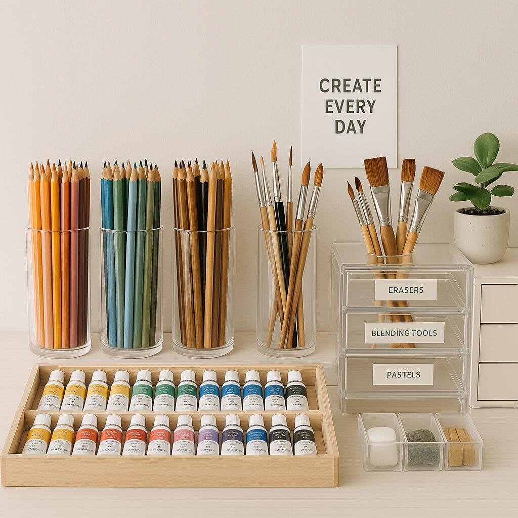 Organized art supply storage with labeled containers and easy access layout for stress-free creative sessions