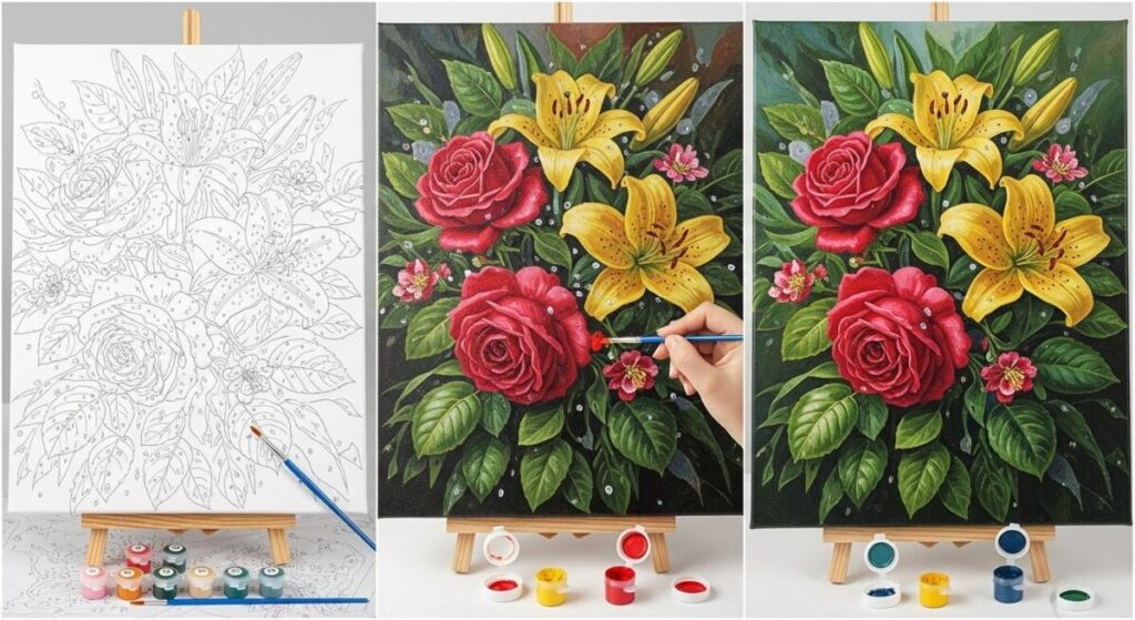 Paint by numbers adults painting process showing before and after progress from beginner to completed artwork