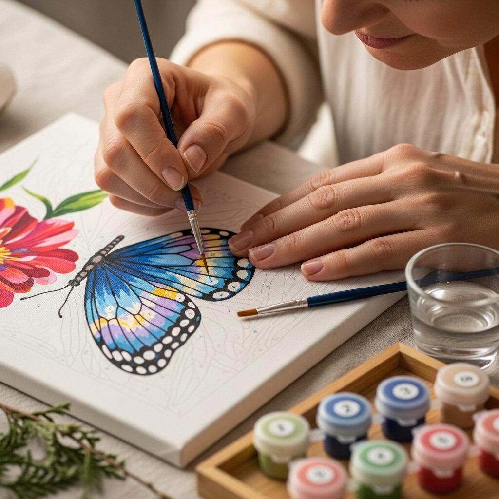 Adult using paint by numbers for stress relief and mindfulness showing therapeutic painting benefits