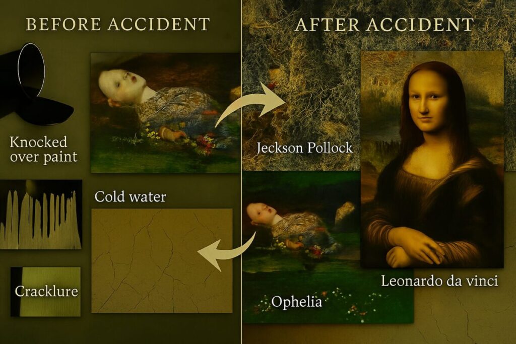 Famous Painting Secrets: Hidden Stories Behind History's Greatest Masterpieces 7 split image showing painting mistakes that became famous artistic features