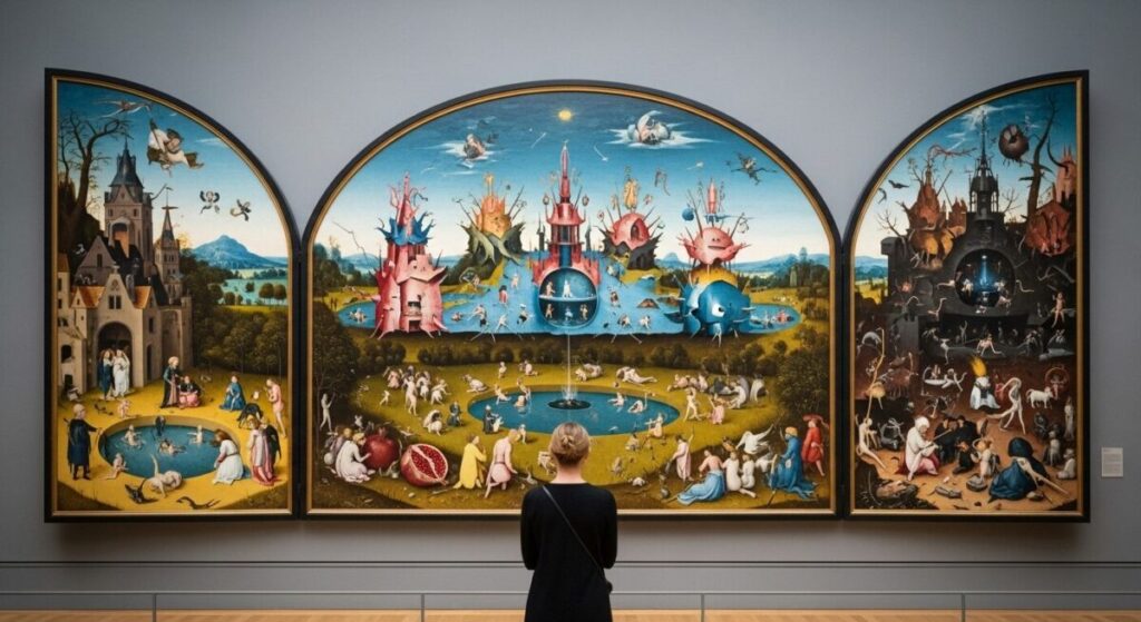 A museum visitor contemplating Hieronymus Bosch's Garden of Earthly Delights, exemplifying how paintings with deep meaning continue to fascinate viewers.