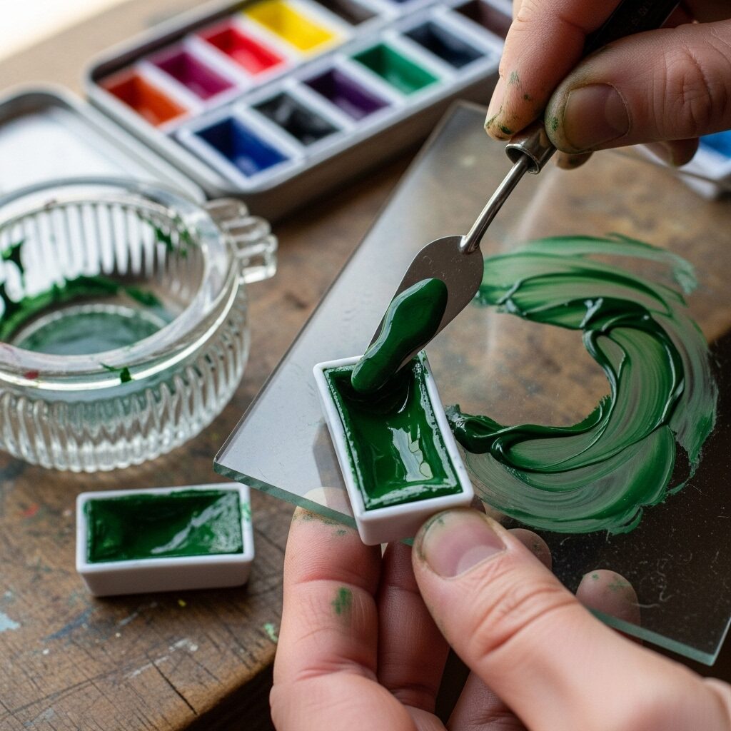 The Alchemist's Kitchen: How to Make Watercolor Paint from Scratch 5 An artist using a palette knife to transfer freshly made green watercolor paint into a half-pan.