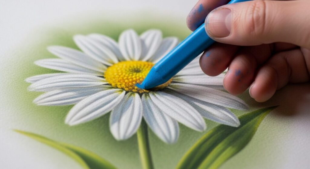 Unlock Your Art's Potential: Pastel Layering Techniques for Beginners 3 A close-up shot of an artist's hand using a soft blue pastel stick to add the final highlight layer to a detailed painting of a flower, showing the rich texture of previous layers beneath.