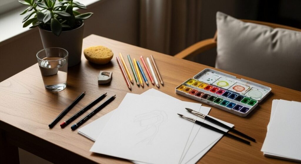 Mindful Art Forms for Stress Relief: Evidence-Based Techniques for Relaxation and Well-being 3 Calm art studio setup with pencils, colored pencils, watercolor paints, brushes and white paper arranged on wooden table with natural lighting for mindful art stress relief practice