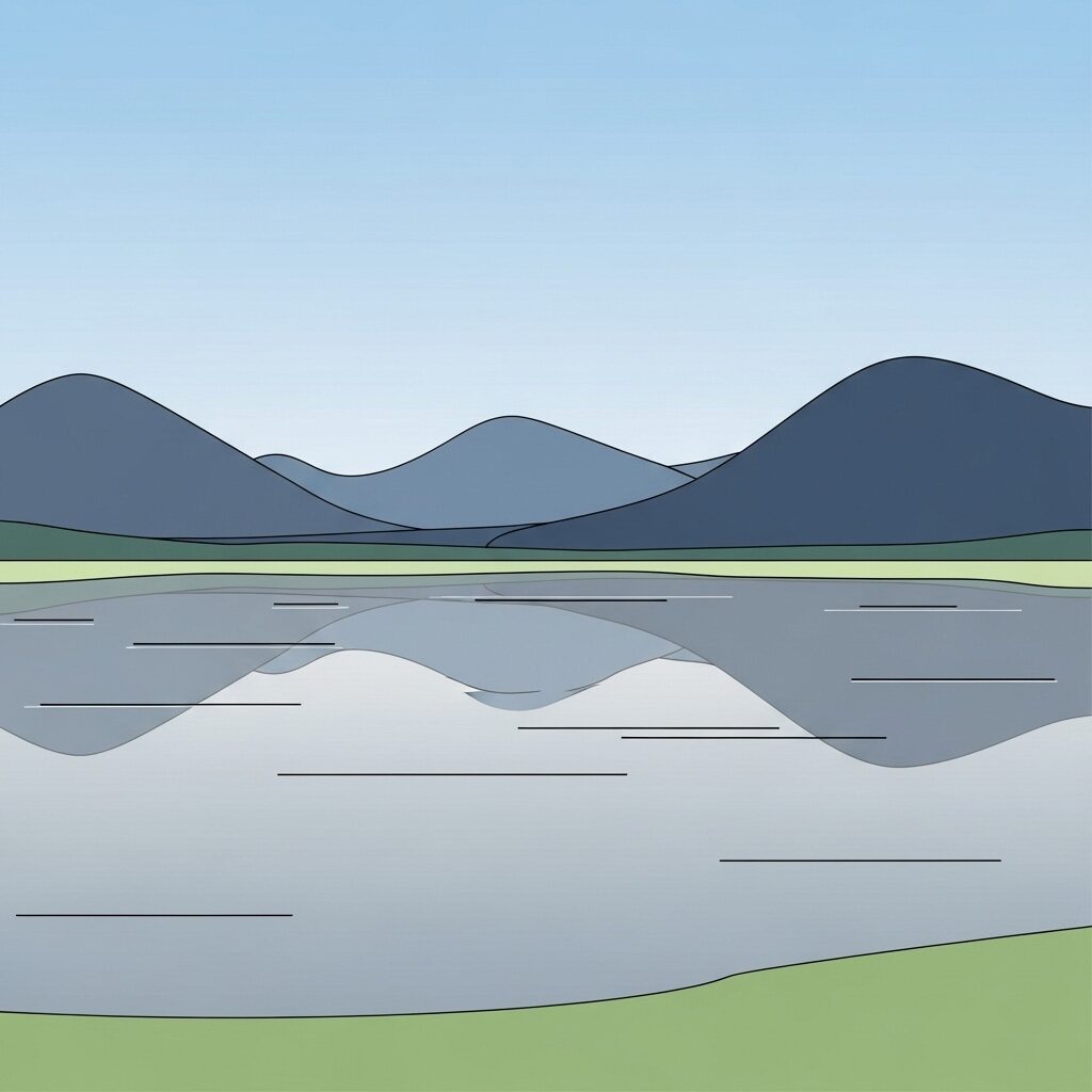 Easy sketch of a peaceful lake reflecting mountains